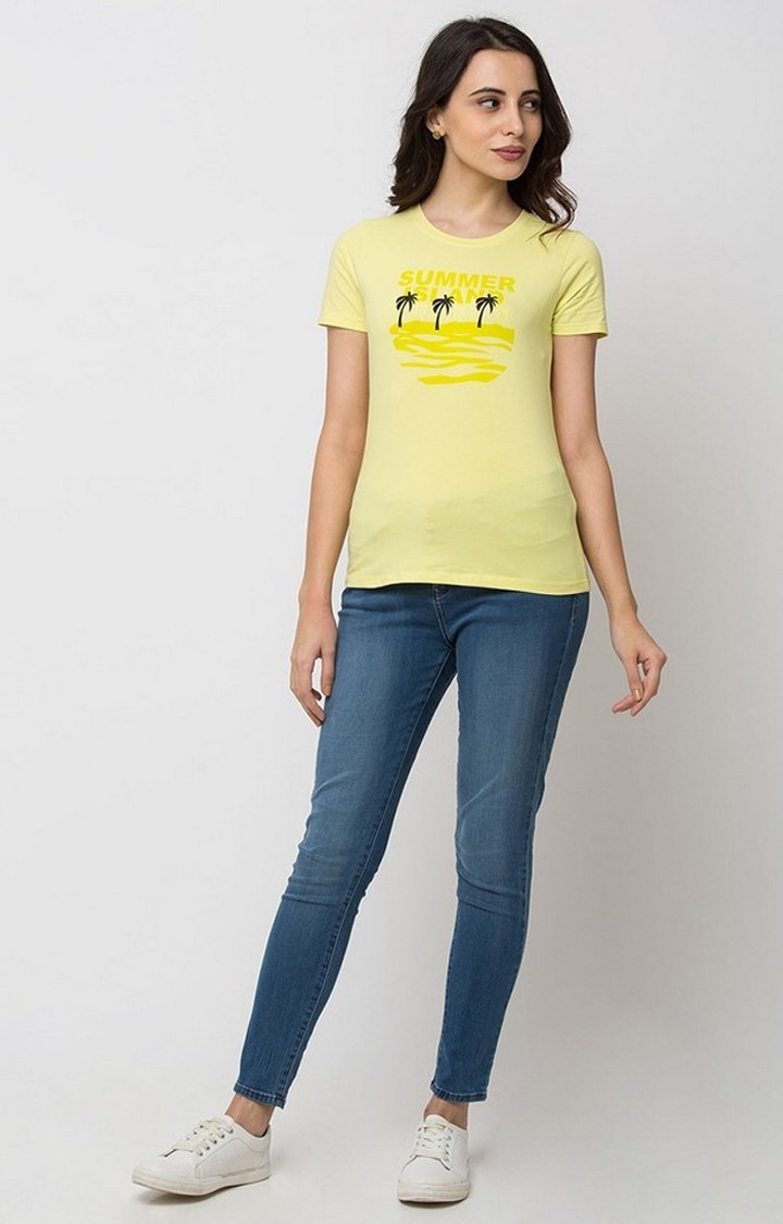 spykar | Spykar Lemon Yellow Printed Lycra Jersey Regular Length T-Shirt 1