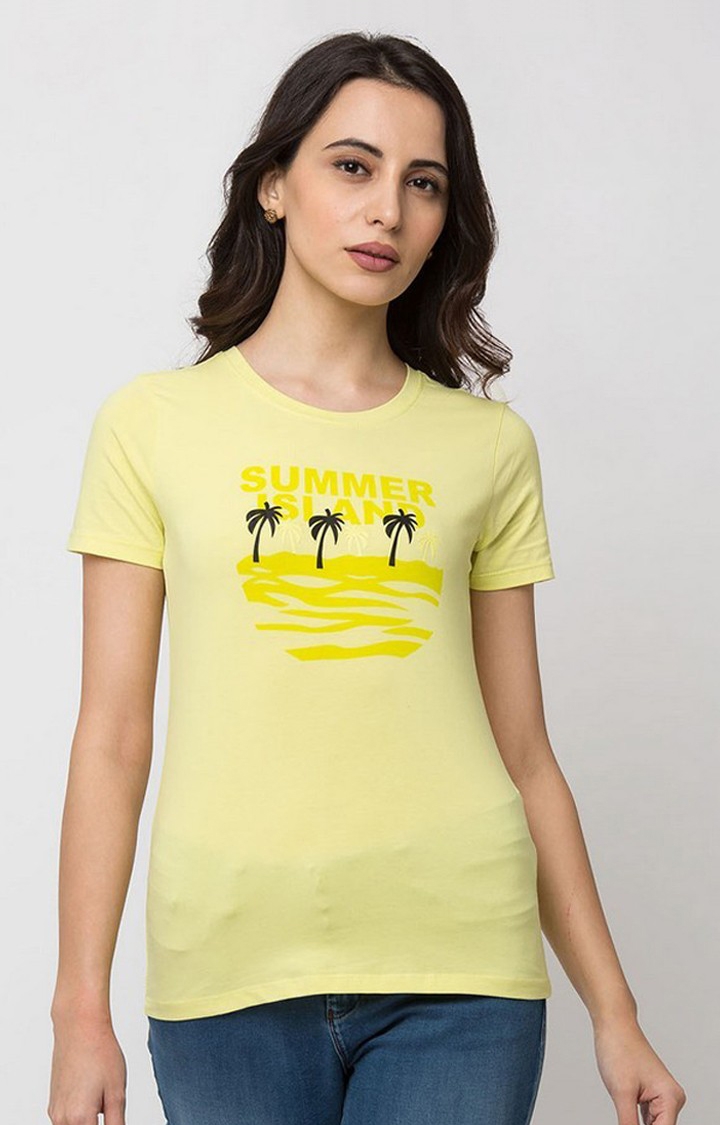 spykar | Spykar Lemon Yellow Printed Lycra Jersey Regular Length T-Shirt 0