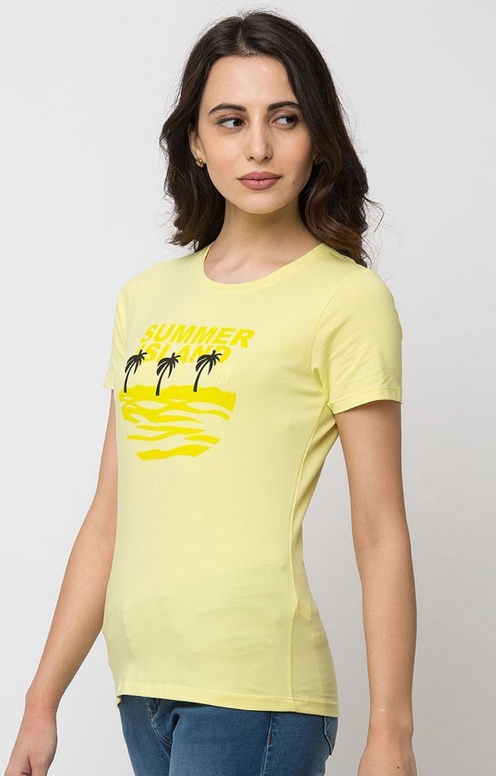 spykar | Spykar Lemon Yellow Printed Lycra Jersey Regular Length T-Shirt 2