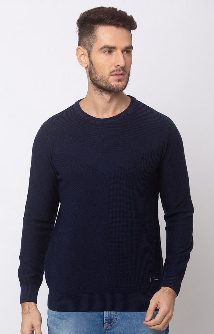 spykar | Spykar Blue Cotton Regular Fit Sweater For Men 0