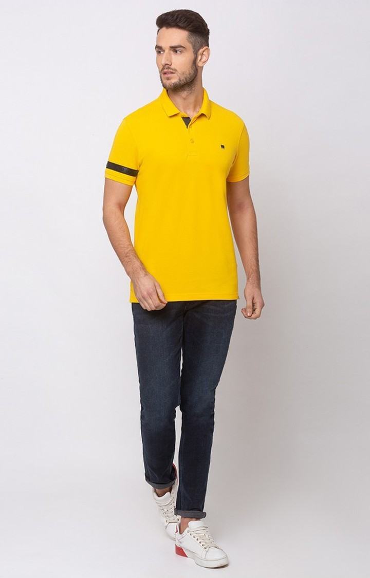 Spykar Chrome Yellow Solid Cotton Slim Fit Polo T-Shirt