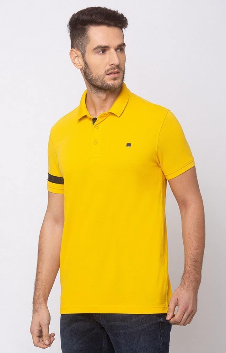 Spykar Chrome Yellow Solid Cotton Slim Fit Polo T-Shirt