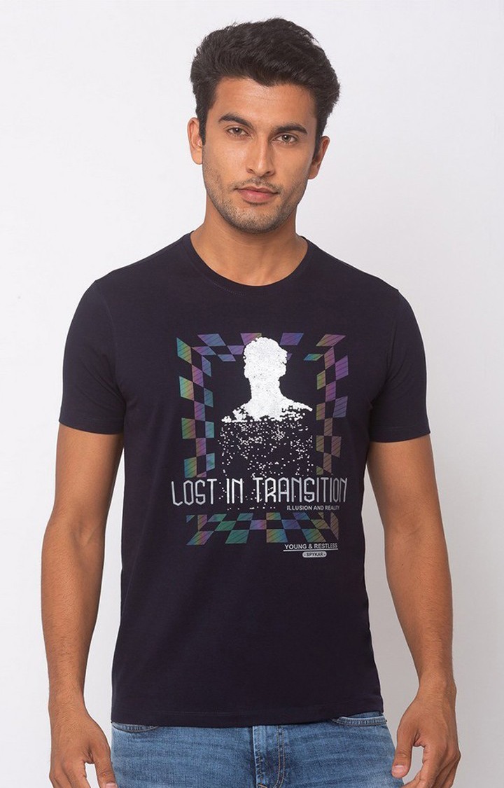 Spykar Blue Cotton Slim Fit T-Shirt For Men
