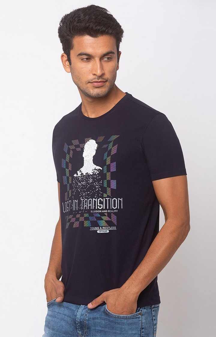 Spykar Blue Cotton Slim Fit T-Shirt For Men
