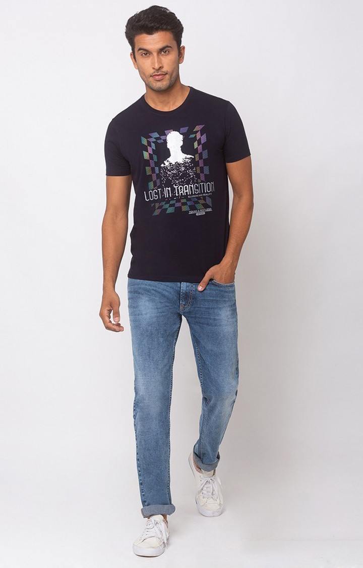 Spykar Blue Cotton Slim Fit T-Shirt For Men