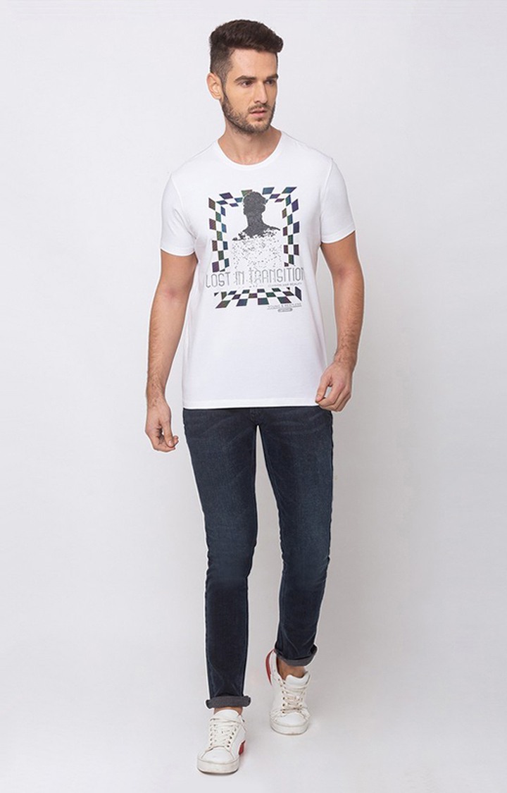 Spykar White Cotton Slim Fit T-Shirt For Men