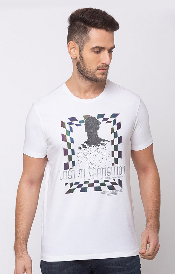 Spykar White Cotton Slim Fit T-Shirt For Men