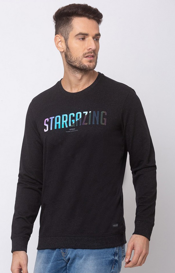 Spykar Black Cotton Slim Fit Sweatshirt For Men