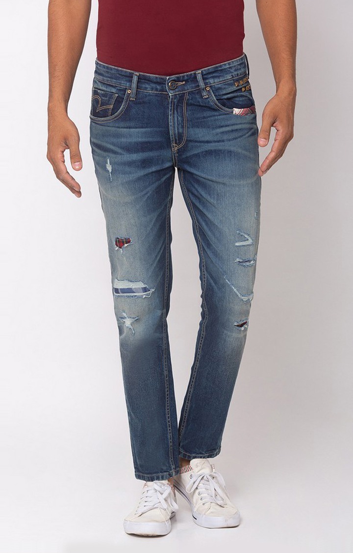 Men's Blue Cotton Ripped Slim Jeans