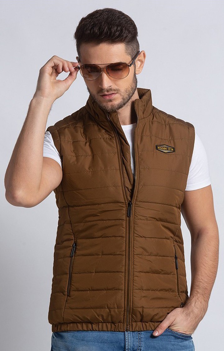 Spykar Brown Polyester Straight Fit Gilet Jackets For Men