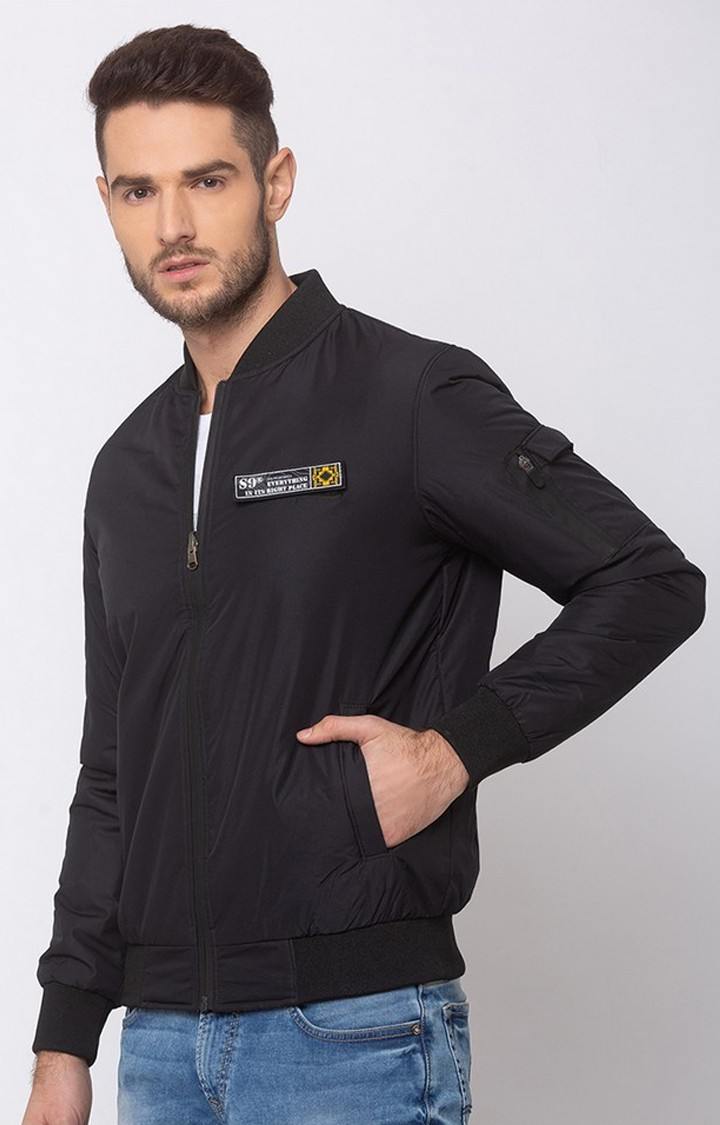 Spykar Black Cotton Straight Fit Bomber Jackets For Men