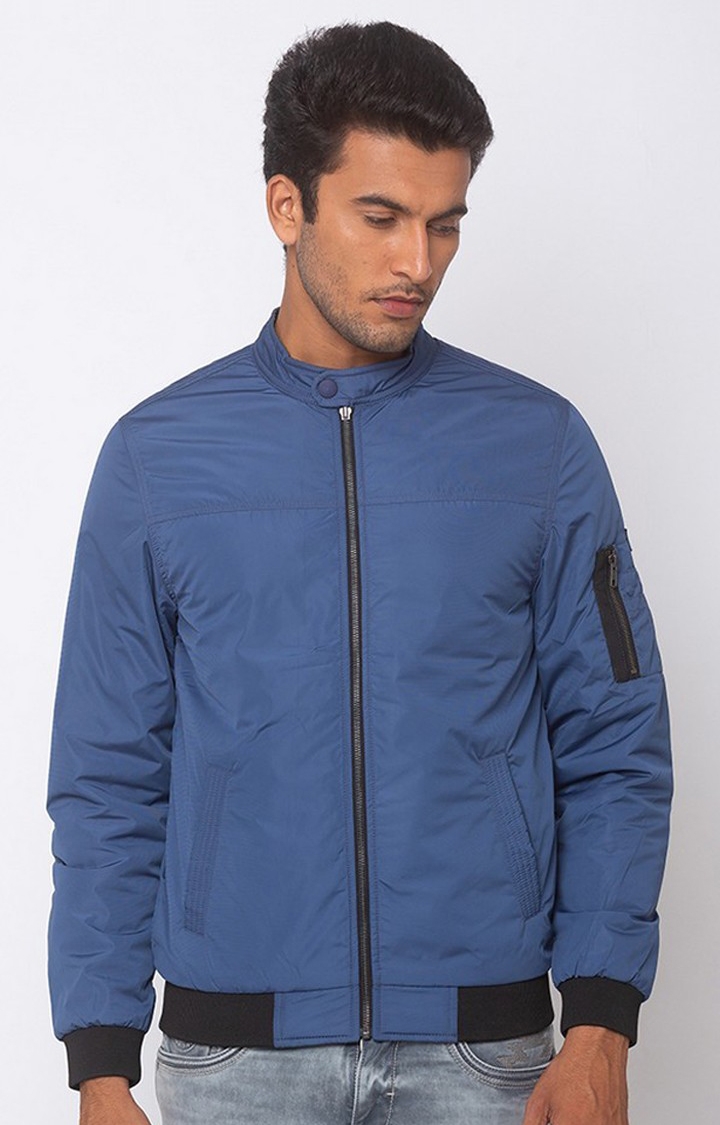 Spykar Blue Polyester Straight Fit Bomber Jackets For Men