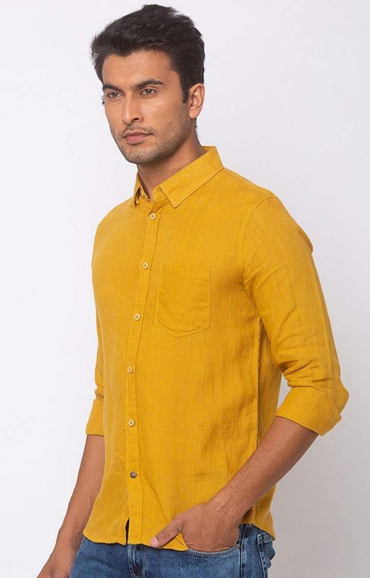 Men's Yellow Linen Solid Casual Shirts