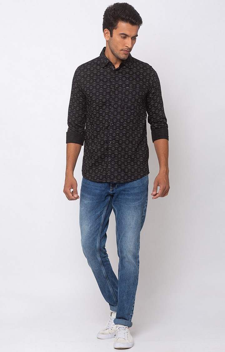 Men's Black Cotton Printed Casual Shirts