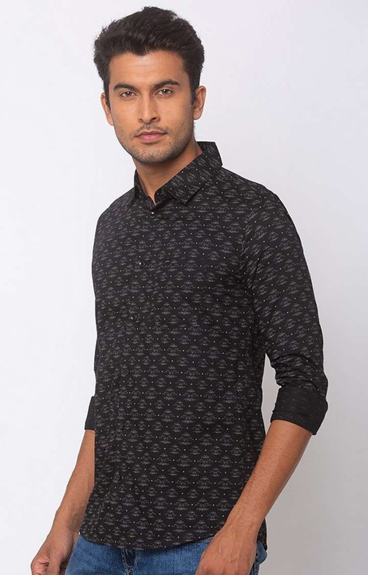 Men's Black Cotton Printed Casual Shirts