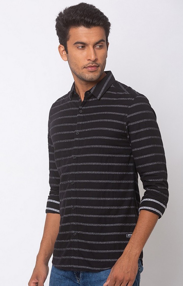 spykar | Men's Black Cotton Striped Casual Shirts 2
