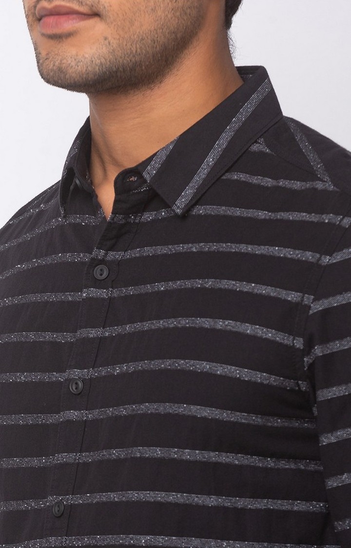 spykar | Men's Black Cotton Striped Casual Shirts 4