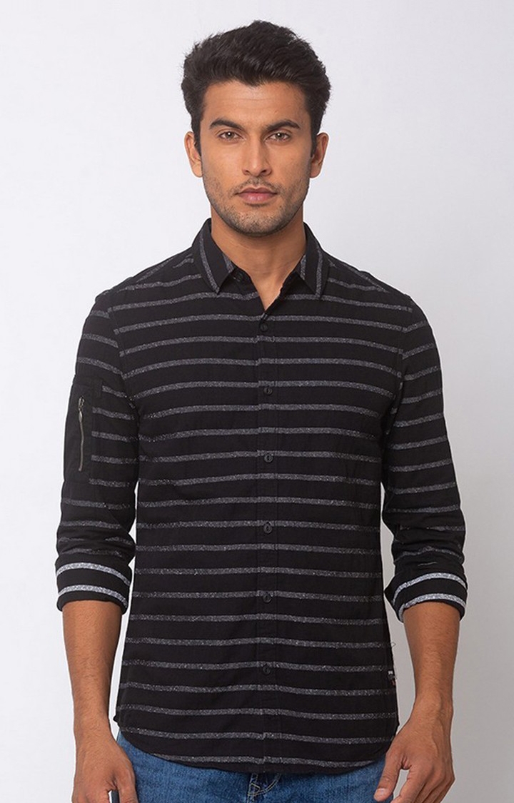 spykar | Men's Black Cotton Striped Casual Shirts 0