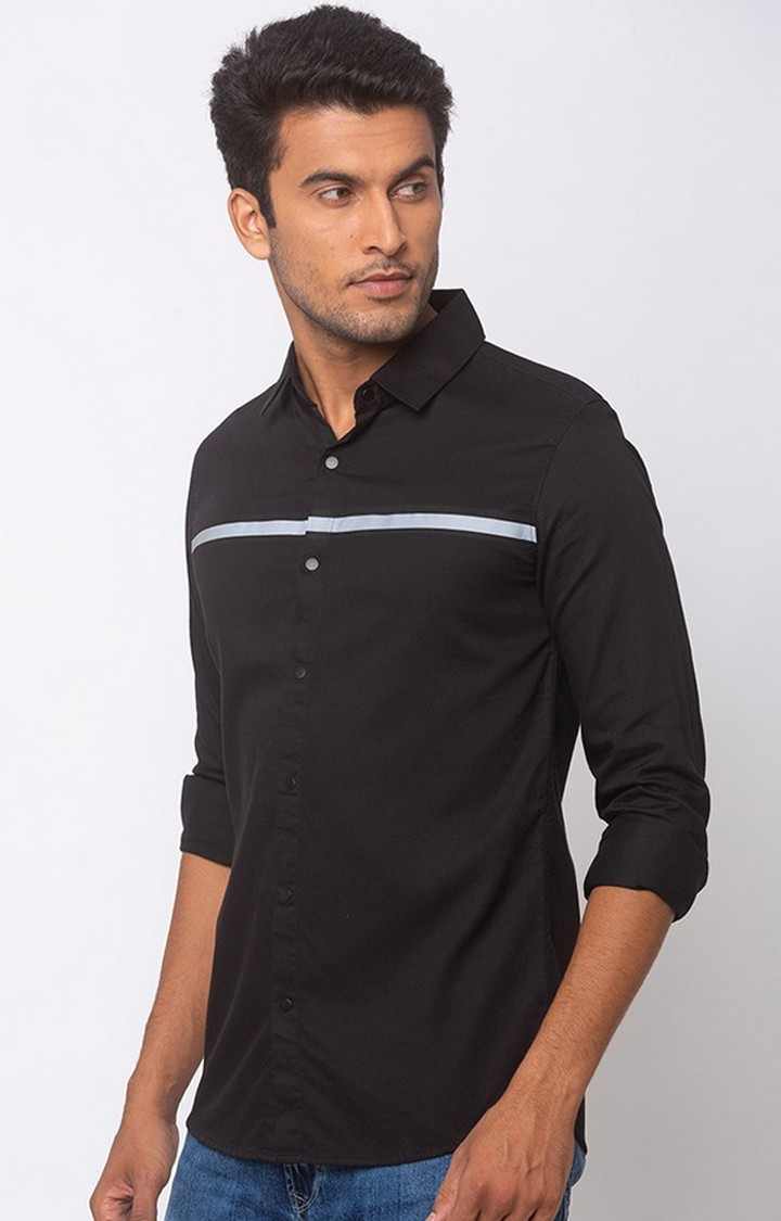Men's Black Cotton Solid Casual Shirts