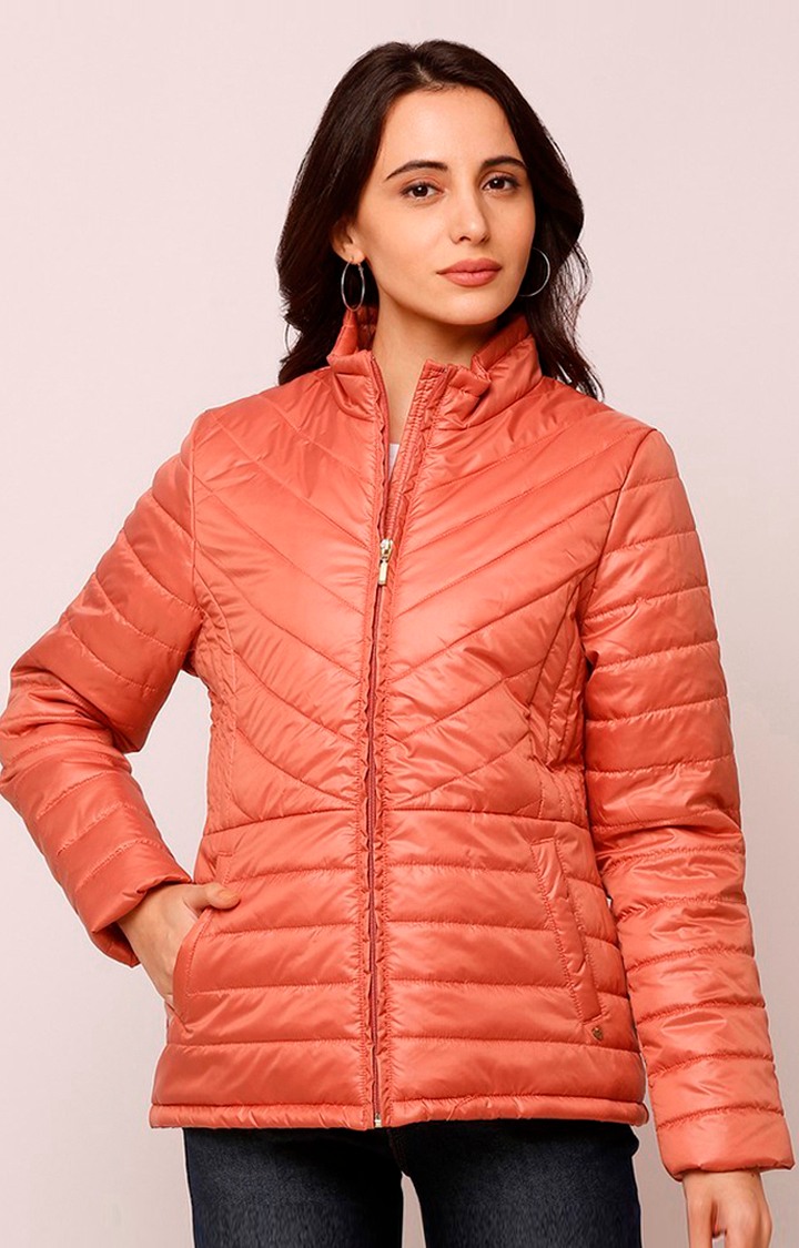 Spykar Orange Polyester Regular Fit Bomber Jackets For Women