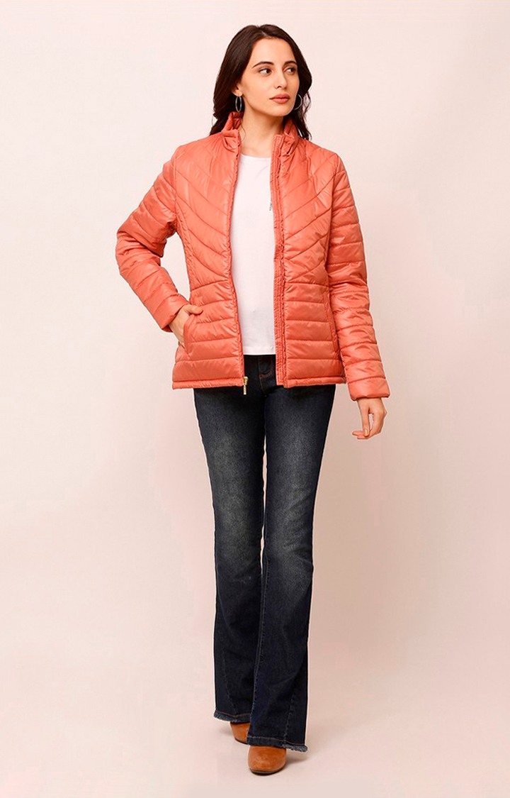 Spykar Orange Polyester Regular Fit Bomber Jackets For Women