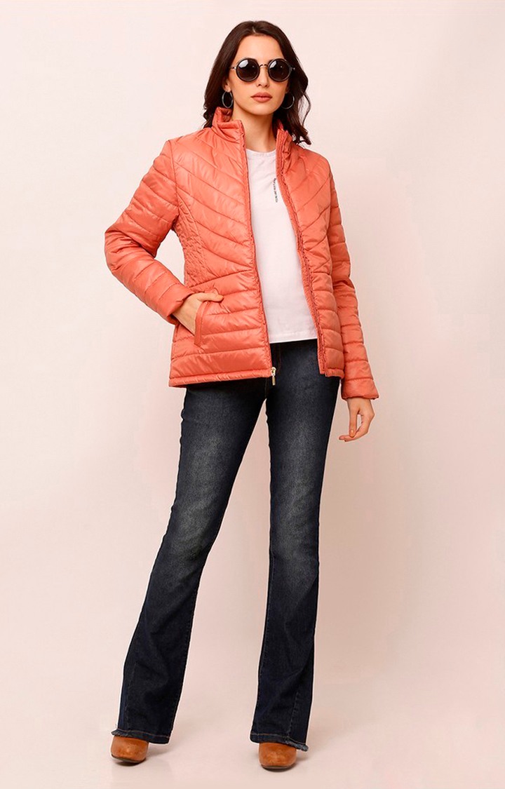 Spykar Orange Polyester Regular Fit Bomber Jackets For Women