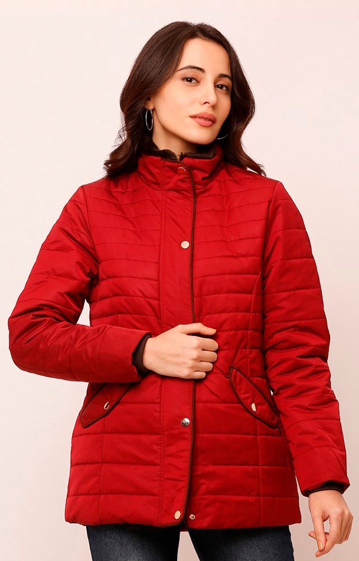 spykar | Spykar Red Polyester Regular Fit Bomber Jackets For Women 0
