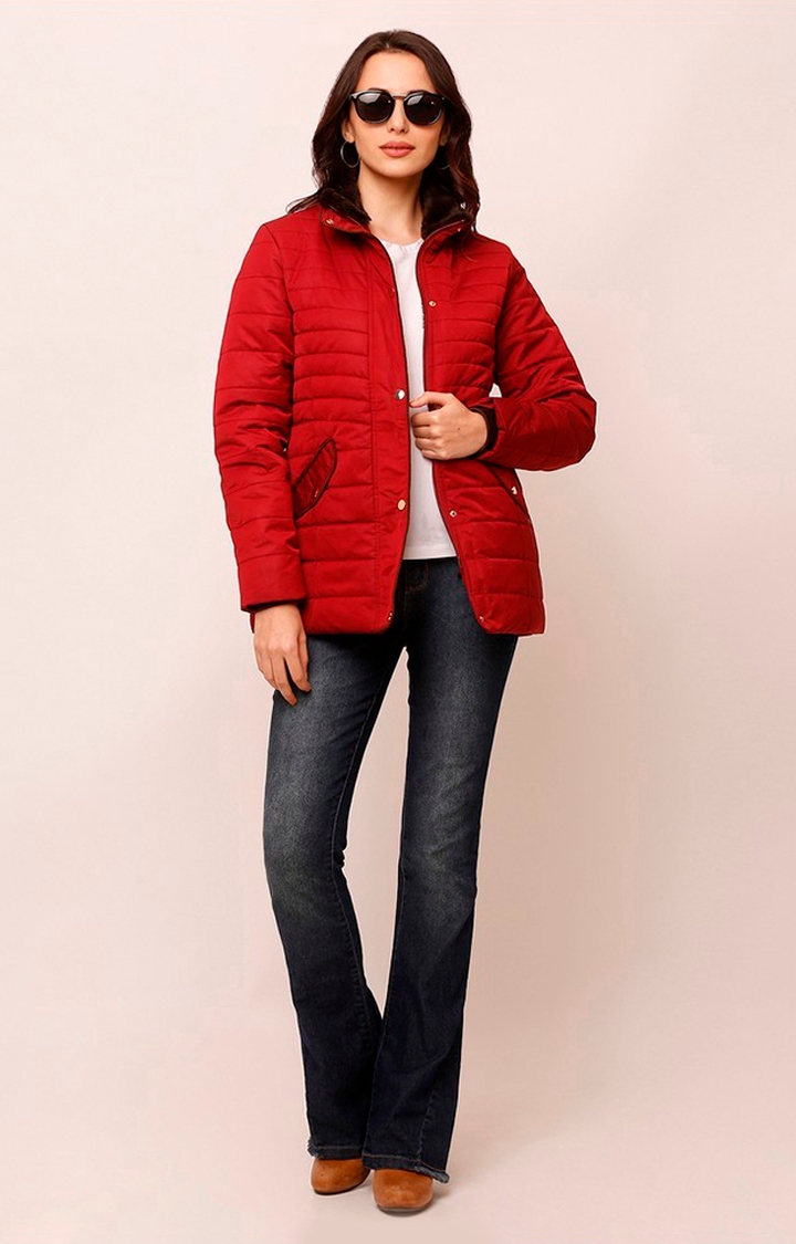 spykar | Spykar Red Polyester Regular Fit Bomber Jackets For Women 1