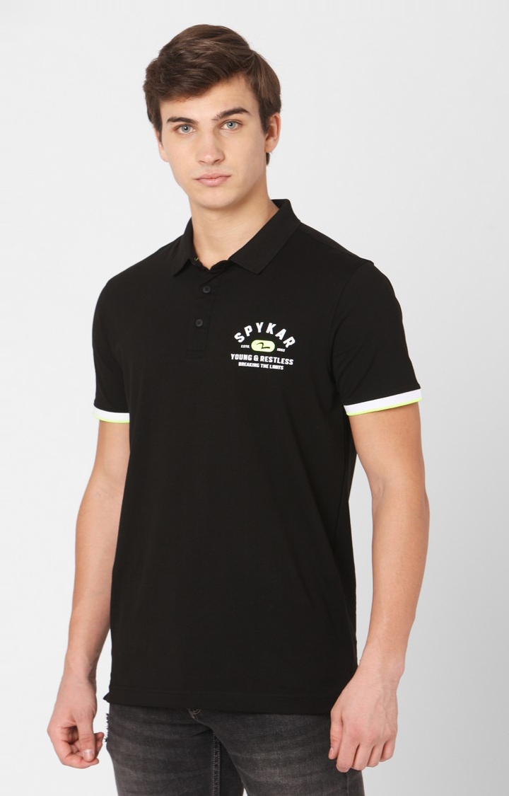 spykar | Spykar Black Cotton Slim Fit Polos T-Shirts 2