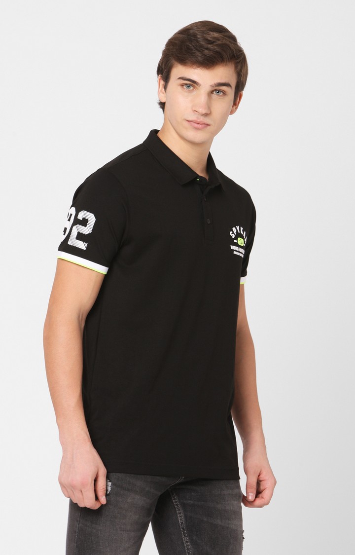 spykar | Spykar Black Cotton Slim Fit Polos T-Shirts 3