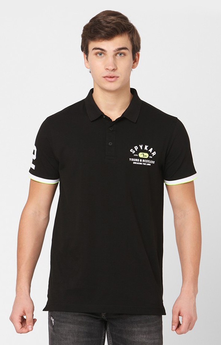 spykar | Spykar Black Cotton Slim Fit Polos T-Shirts 0