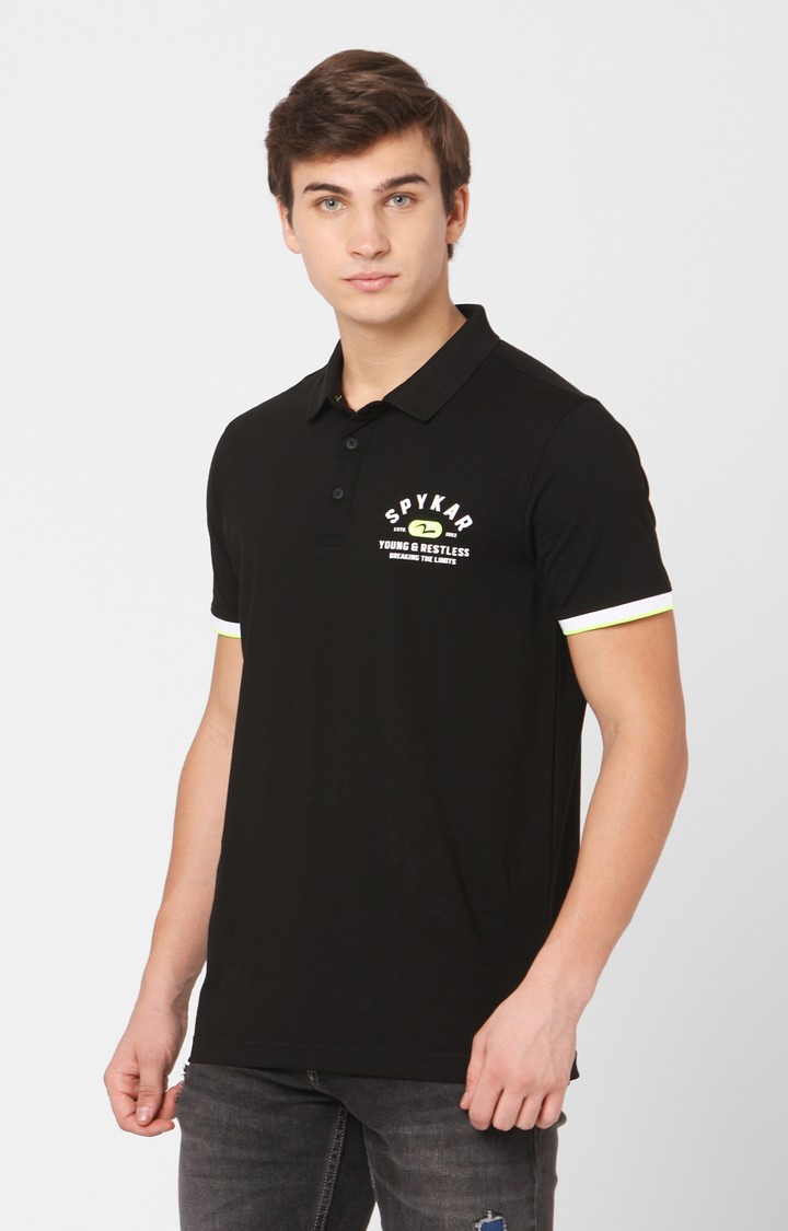spykar | Spykar Black Cotton Slim Fit Polos T-Shirts 1