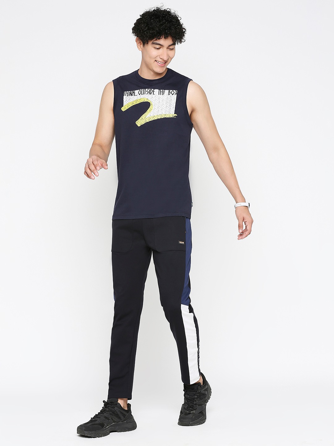 Spykar Men Navy Blue Cotton Slim Fit Sleeveless Printed Tshirt