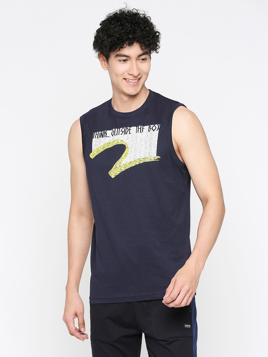 Spykar Men Navy Blue Cotton Slim Fit Sleeveless Printed Tshirt