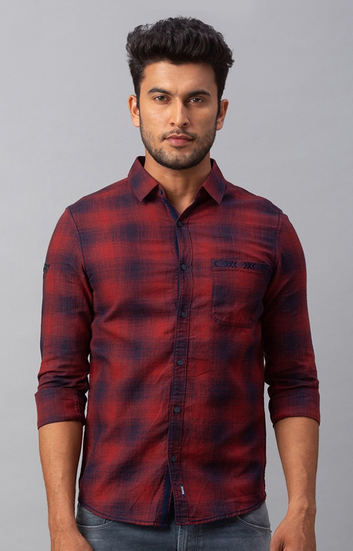 spykar | Men's Red Cotton Checked Casual Shirts 0
