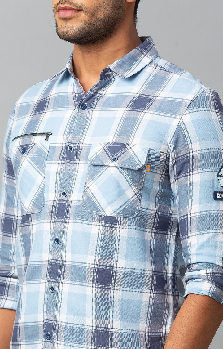 Men's Blue Cotton Checked Casual Shirts