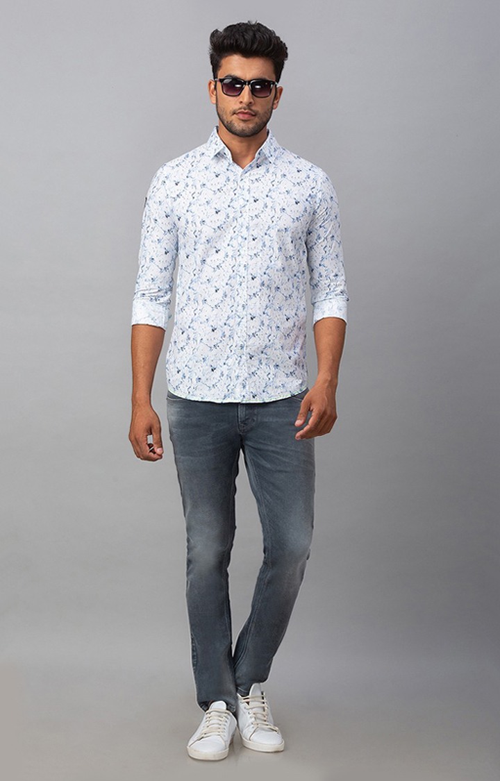 Men's White Cotton Printed Casual Shirts