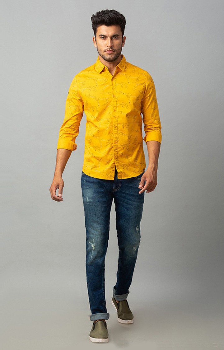 Men's Yellow Cotton Printed Casual Shirts