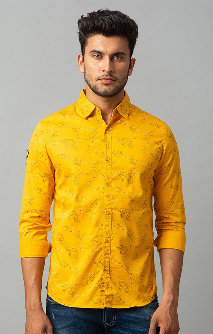 Men's Yellow Cotton Printed Casual Shirts