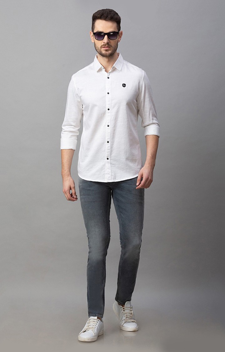 Men's White Cotton Solid Casual Shirts