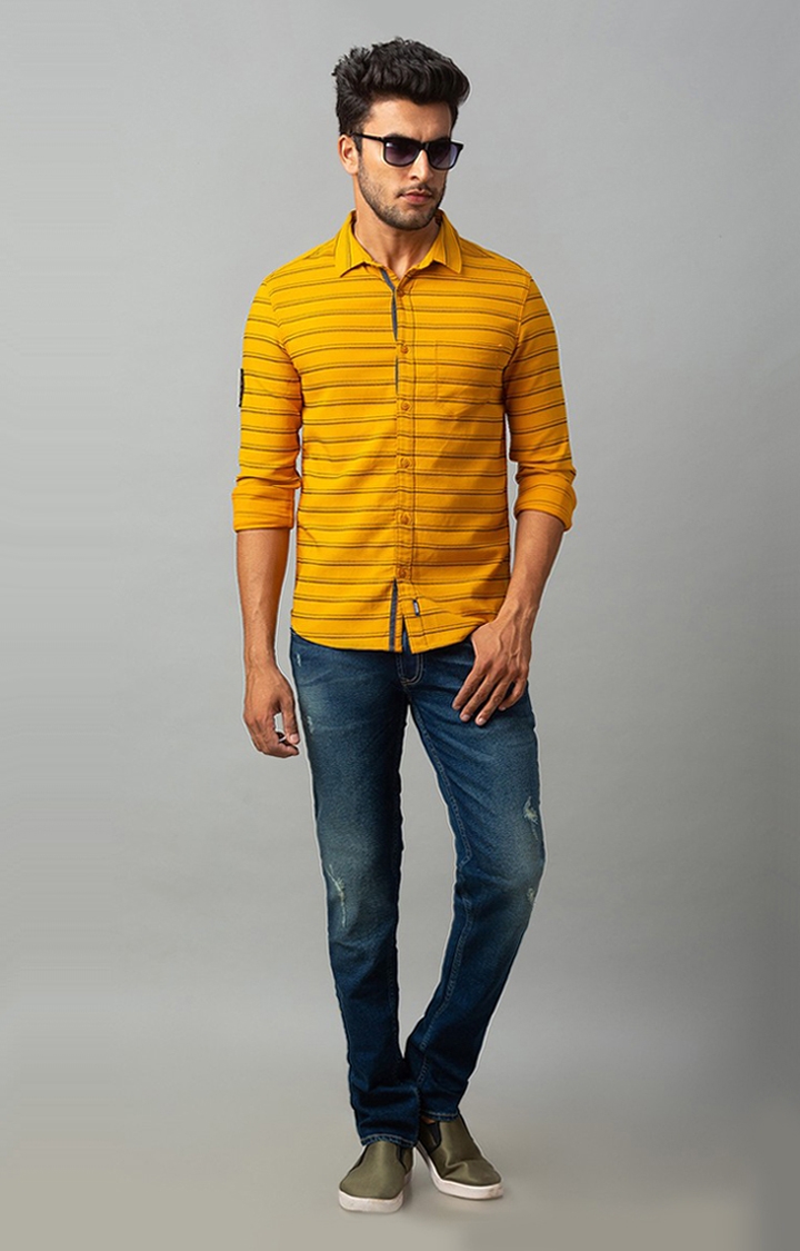 spykar | Men's Yellow Cotton Striped Casual Shirts 2
