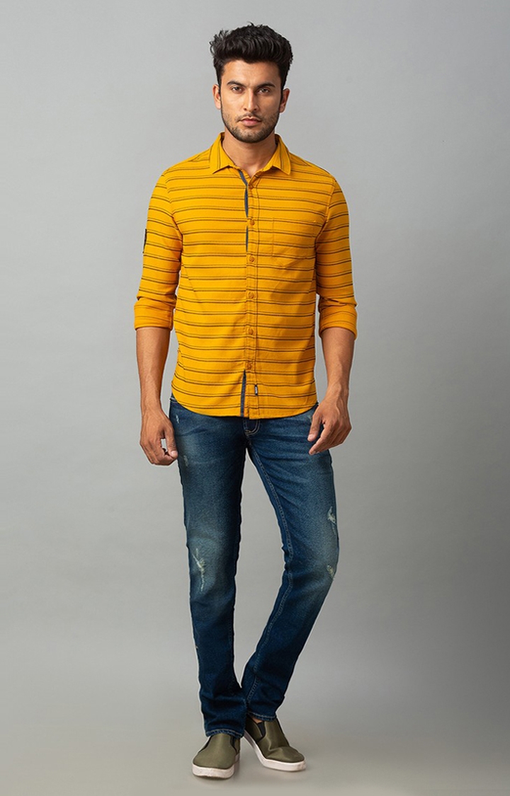 spykar | Men's Yellow Cotton Striped Casual Shirts 1