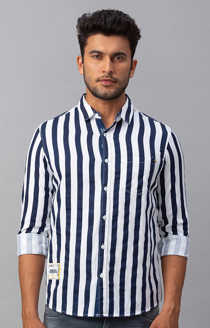 Spykar | Men's White Cotton Striped Casual Shirts 0