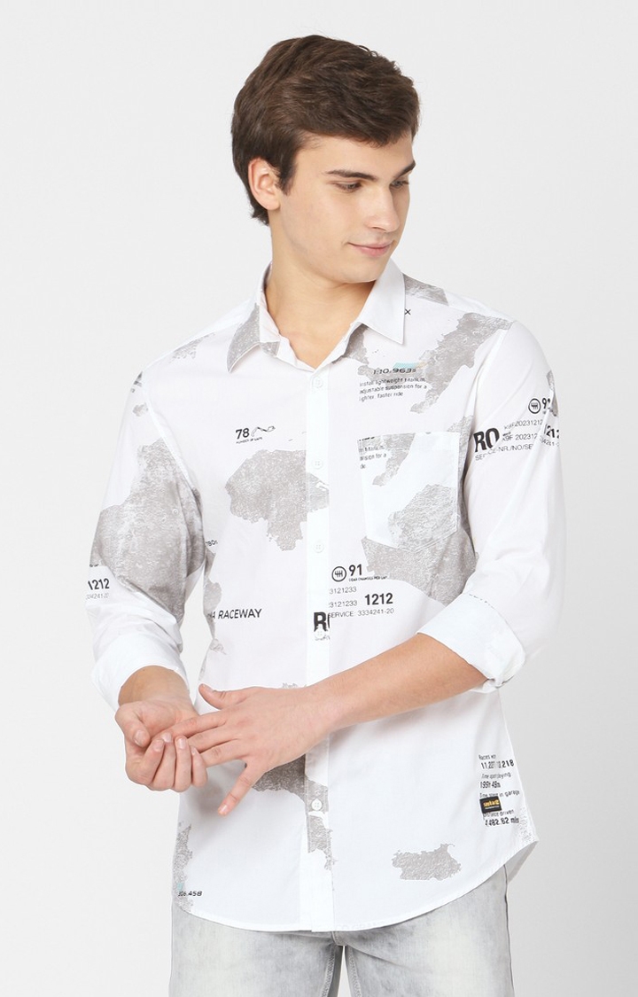 spykar | Men's White Cotton Printed Casual Shirts 0