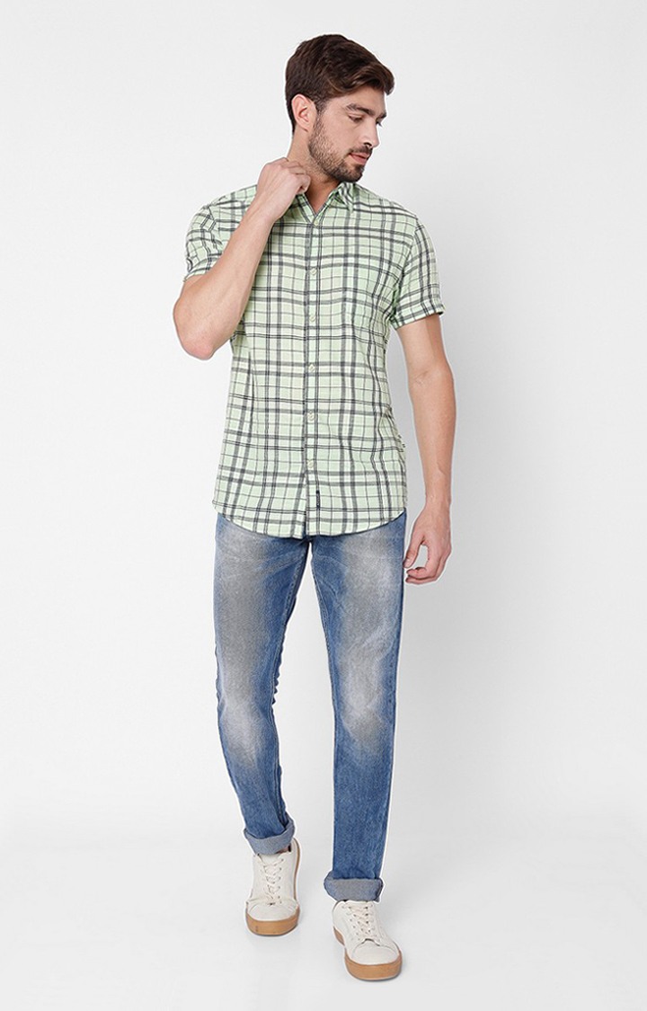 Men's Green Cotton Checked Casual Shirts