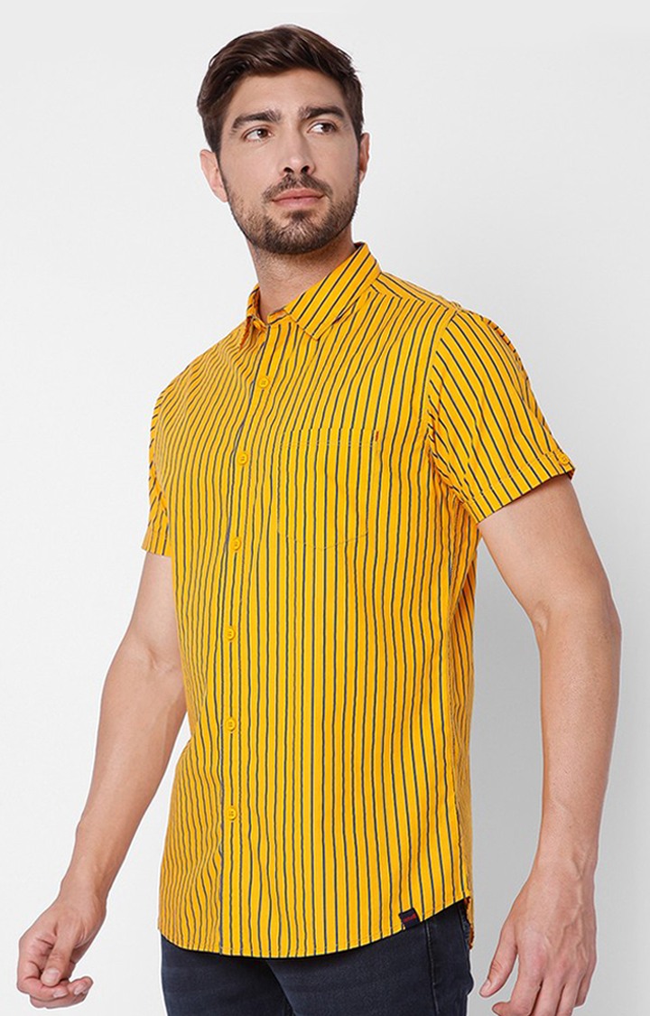Men's Yellow Cotton Striped Casual Shirts