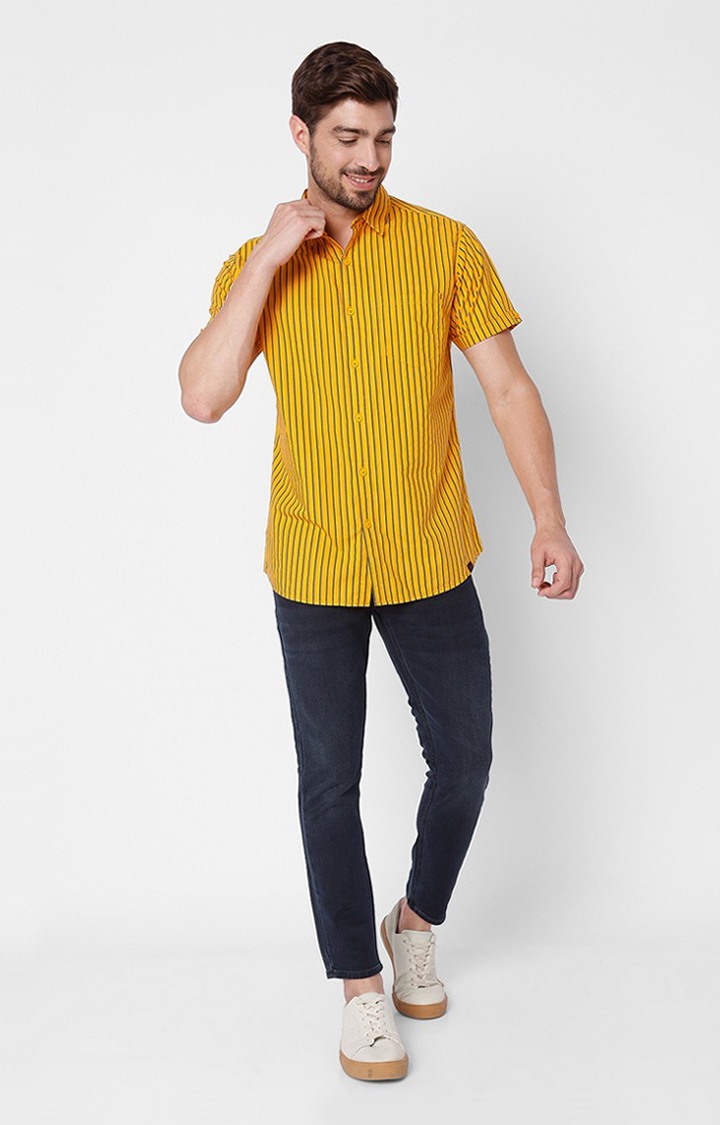 Men's Yellow Cotton Striped Casual Shirts
