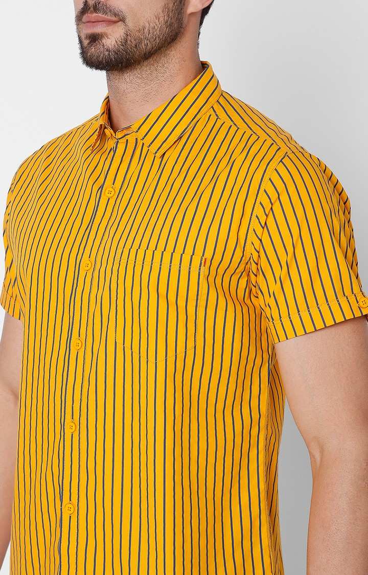 Men's Yellow Cotton Striped Casual Shirts
