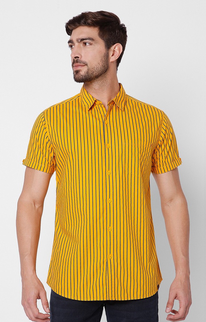 Men's Yellow Cotton Striped Casual Shirts