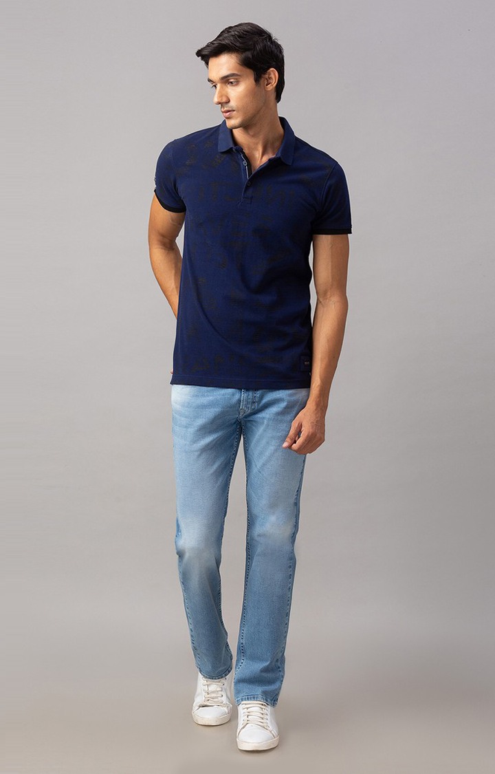 Spykar Blue Cotton Slim Fit Polo T-Shirt For Men